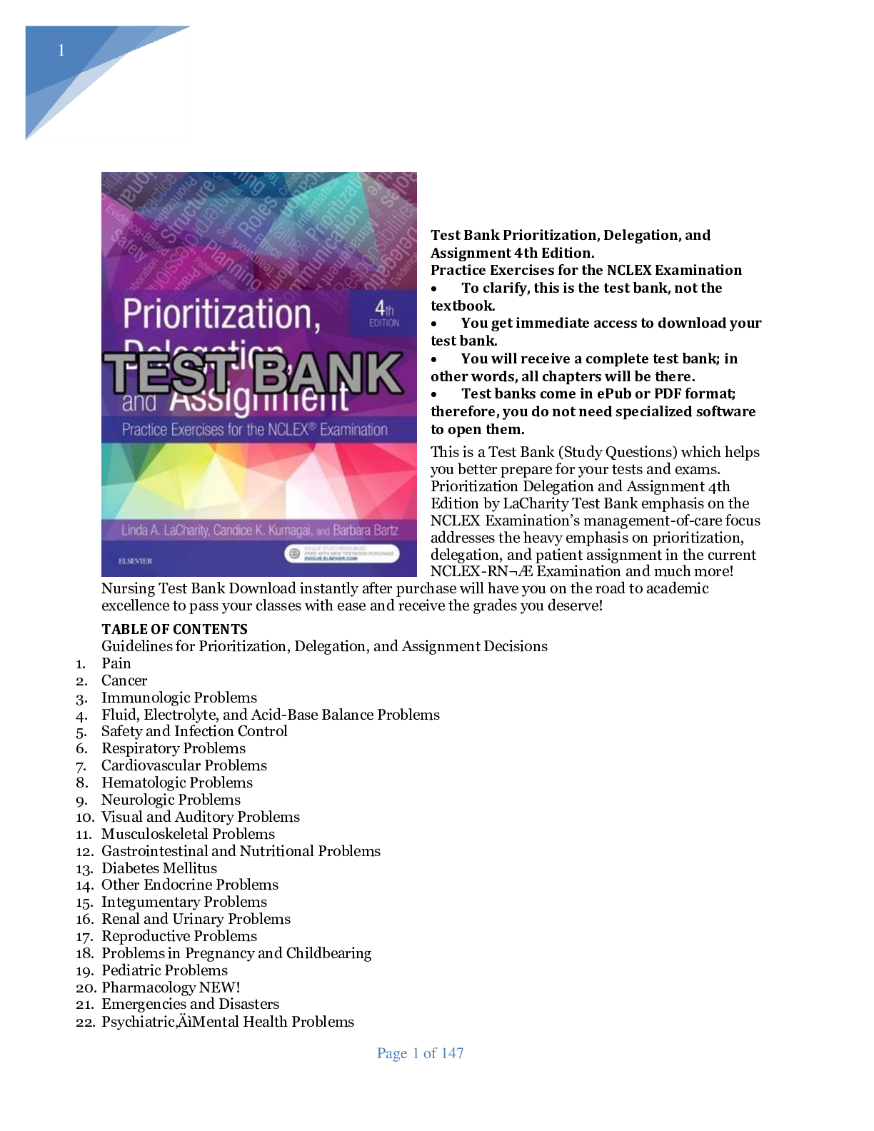 Preview image for Prioritization Delegation and Assignment 4th Edition LaCharity Nursing Test Bank